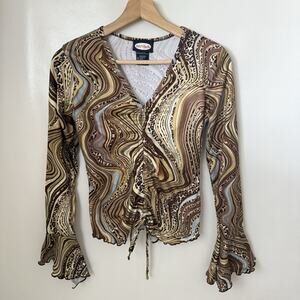 Y2K 90s Vintage Brown Ripple Ruched Babydoll Cropped Leopard Bell Sleeve Top S